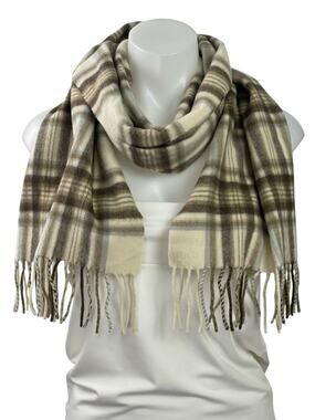Lochmere Women's Beige 100% Cashmere Plaid Fringe Shawl Neck Scarf Size OS